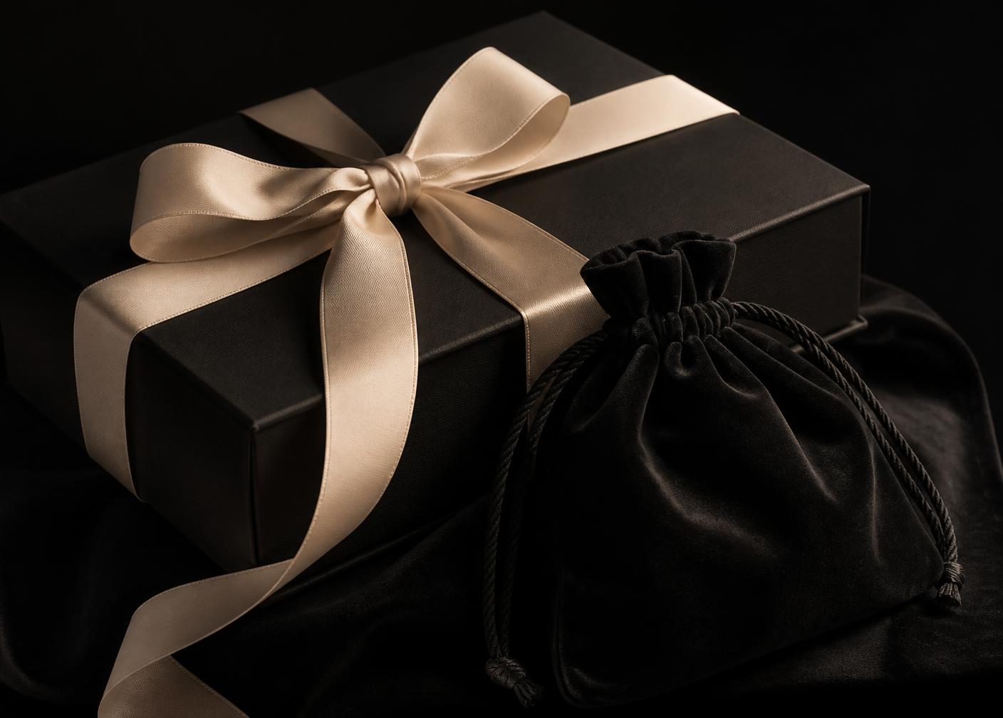 Rigid black gift box with ivory ribbon and a velvet dust bag